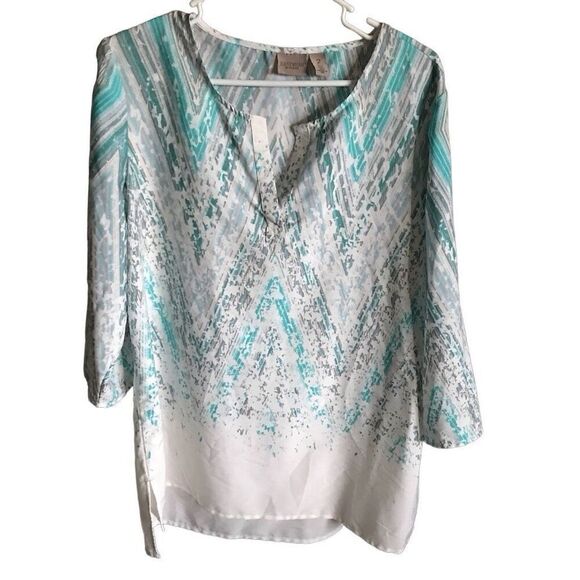 Chicos size 2 = M/L tunic blouse top 3/4 sleeve white turquoise blue - Picture 1 of 3